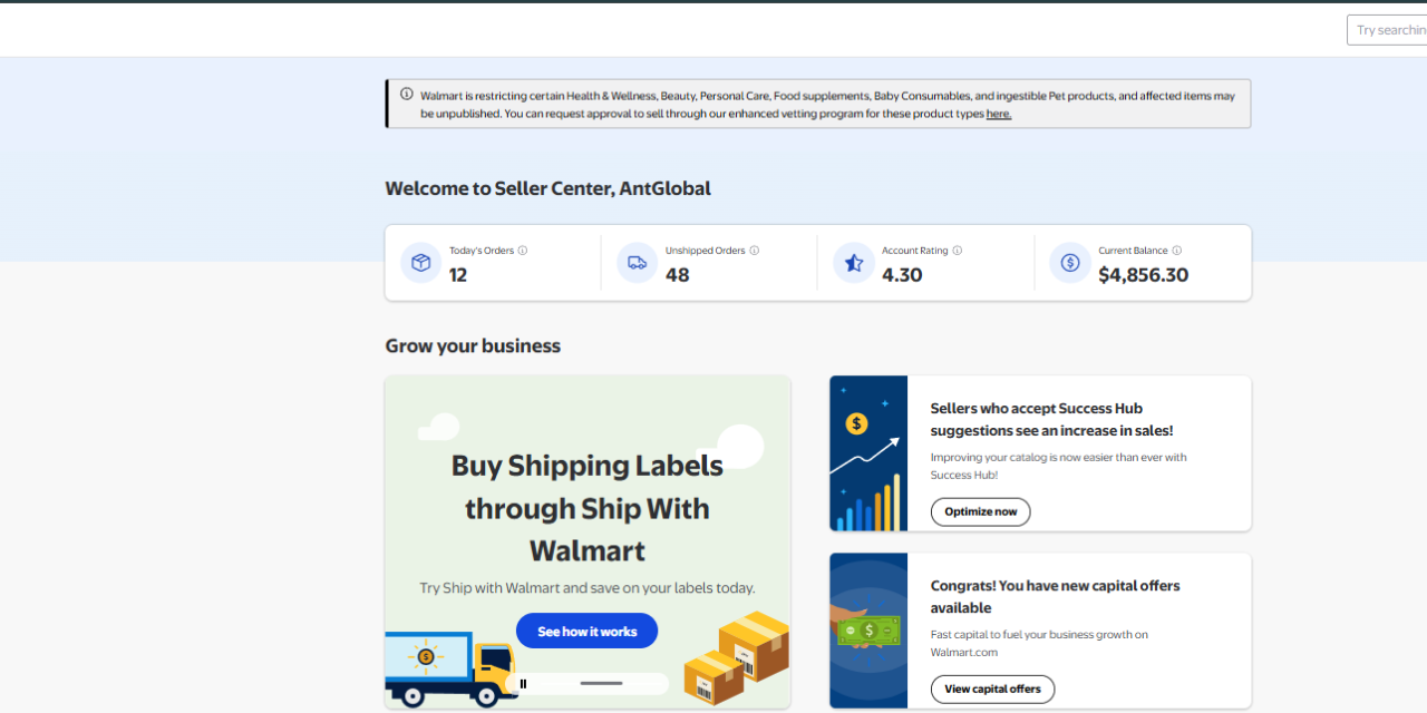 Live Walmart Seller Center dashboard — $4,856 current balance, 4.30 account rating